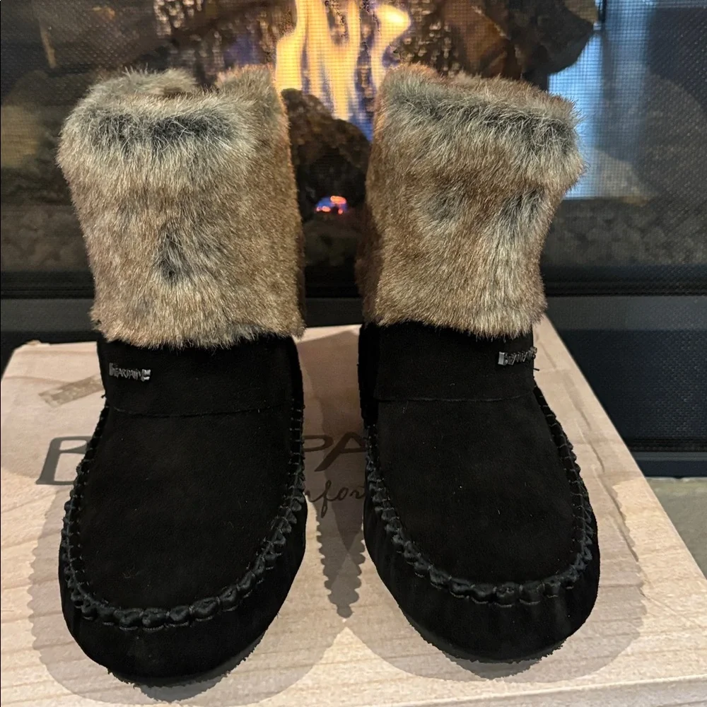 BEARPAW Monet Never Wet,Suede,rabbit fur,wool blend lined sheepskin footbed